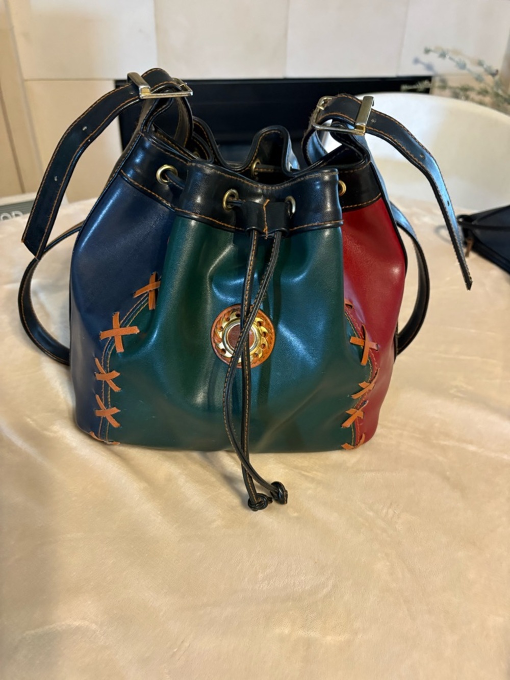 Tri-Panel Leather Drawstring Crossbody Bag - Green/Blue/Red